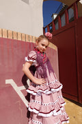 VESTIDO CANASTERA ROSA CON CINTA BURDEOS